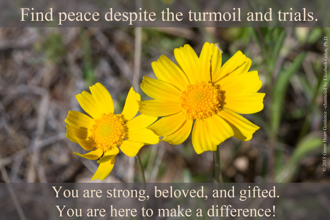 Find peace despite the turmoil and trials. You are strong, beloved, and gifted. You are here to make a difference! ~channeled by Elizabeth Galen, Ph.D.