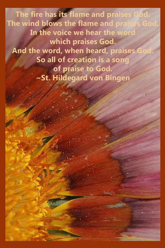 The fire has its flame and praises God. The wind blows the flame and praises God. In the voice we hear the word which praises God. And the word, when heard, praises God. So all of creation is a song of praise to God. ~St. Hildegard von Bingen