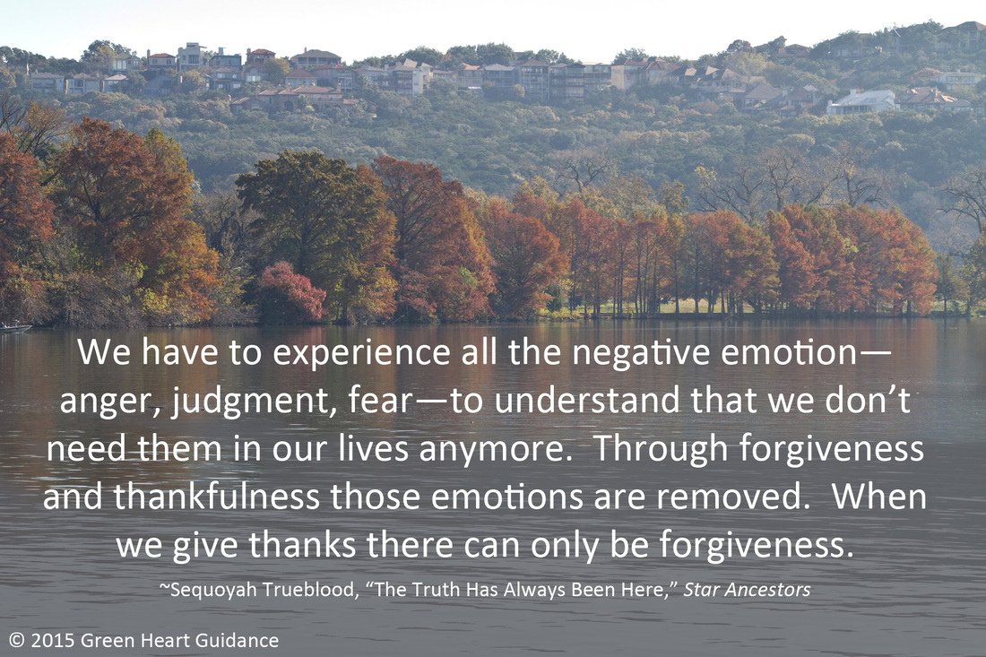 We have to experience all the negative emotions--anger, judgment, fear--to understand that we don’t need them in our lives anymore.  Through forgiveness and thankfulness those emotions are removed.  When we give thanks there can only be forgiveness. ~Sequoyah Trueblood, “The Truth Has Always Been Here,” Star Ancestors